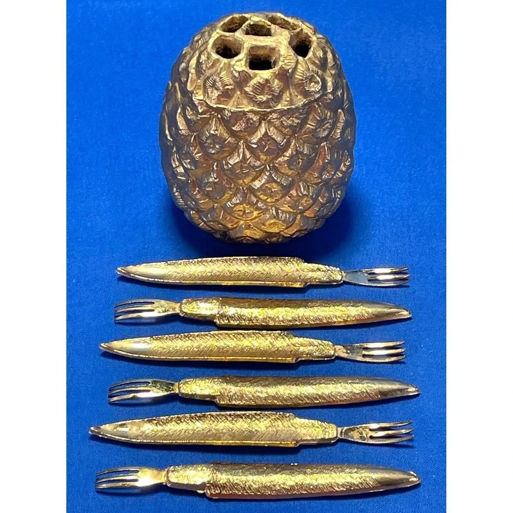 Ormolu Gold Pineapple Cocktail Fork Set 8 Picks MCM Hollywood Regency Metal